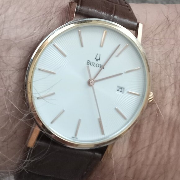 Bulova Classic Men's Watch 2 Tone 37mm Crocodile Embossed Leather Band C970266 - Picture 1 of 8